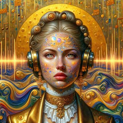 The primary subject of the image is a woman wearing headphones and a gold dress. She is the main focus of the image. The setting is a colorful and artistic background, which adds to the overall visual style. The image is a digital art piece, showcasing the woman's unique appearance and the vibrant colors of the background. The mood of the image is lively and creative, with the woman's headphones and gold dress suggesting a sense of style and individuality.